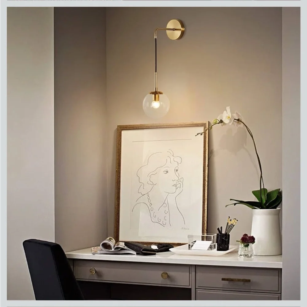 NIB Modern Wall Sconce Fixture Set of 2 Gold Adjustable Cord Brass Round Glass